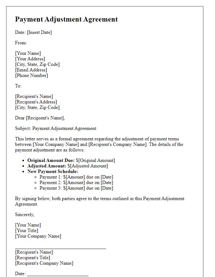 Letter template of Payment Adjustment Agreement