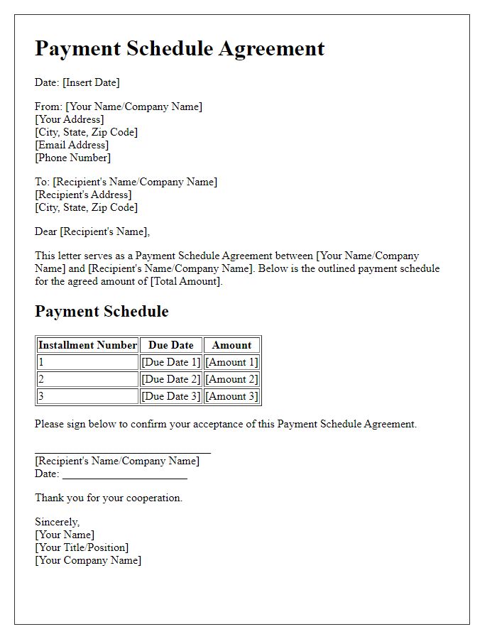 Letter template of Payment Schedule Agreement