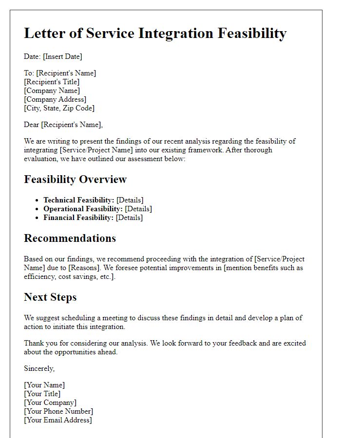 Letter template of service integration feasibility