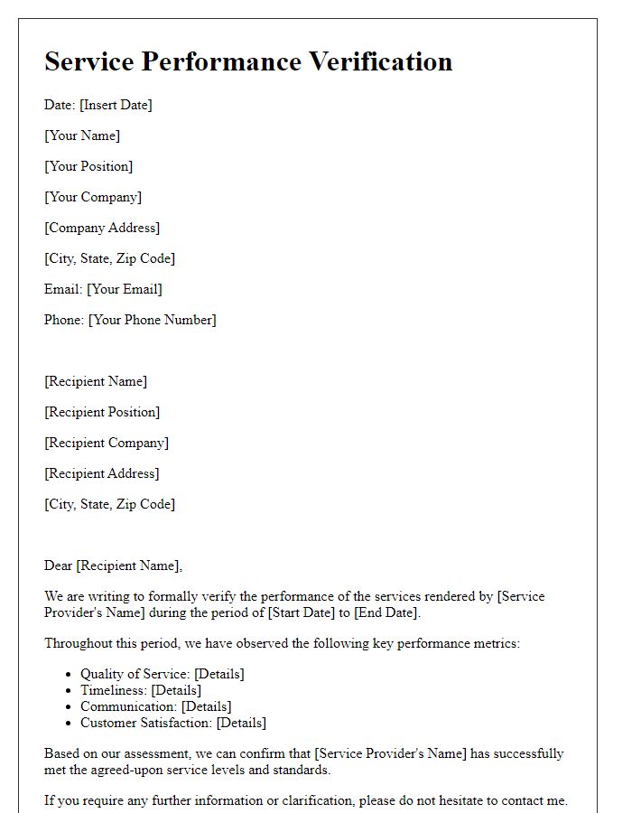 Letter template of service performance verification