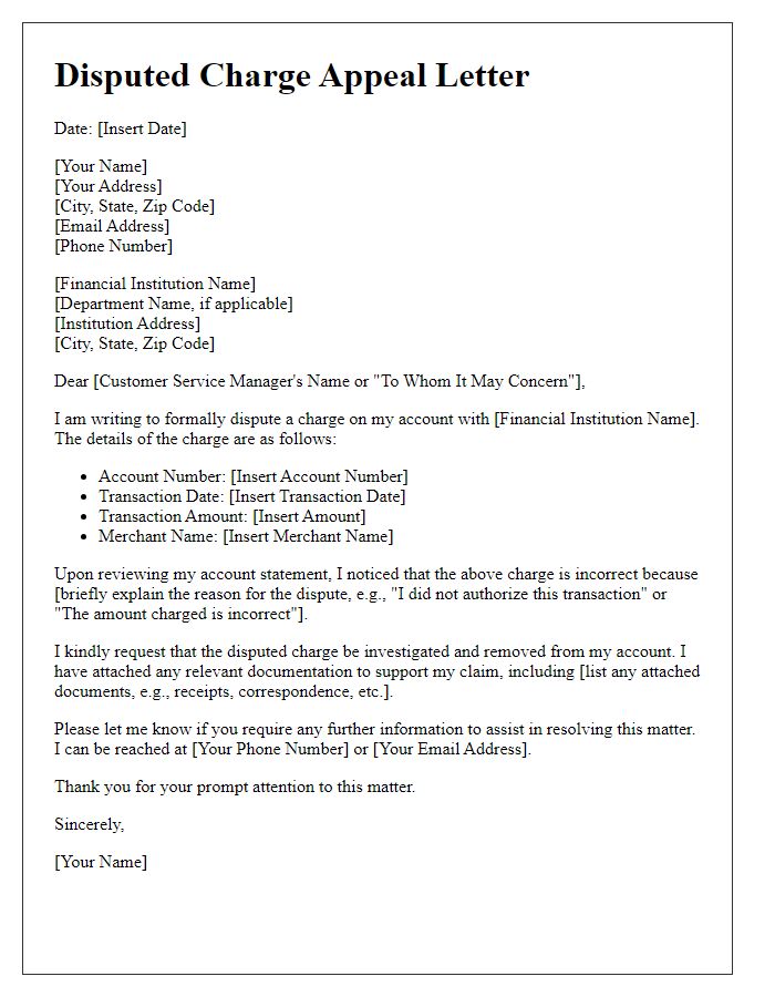 Letter template of disputed charge appeal for financial institutions.