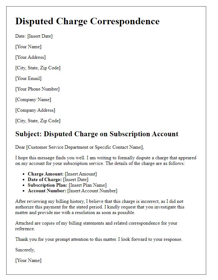 Letter template of disputed charge correspondence for subscription services.