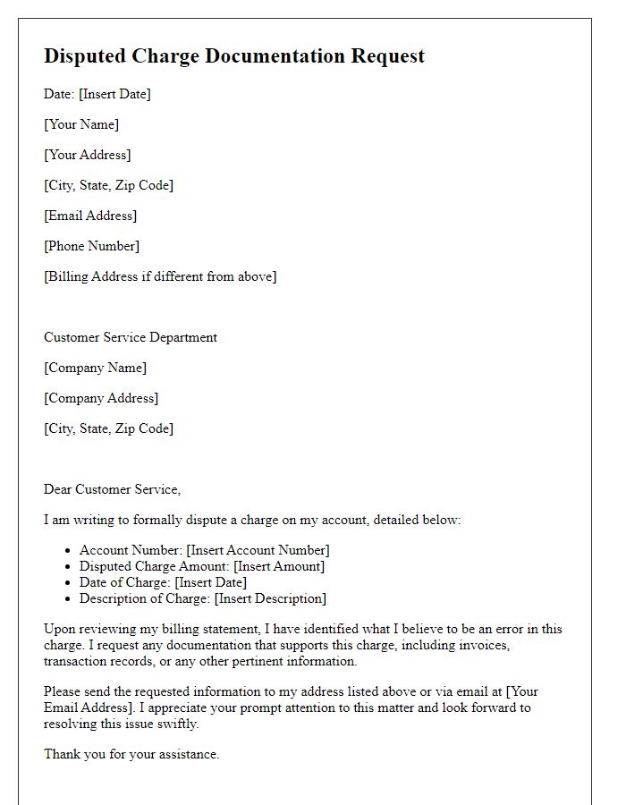 Letter template of disputed charge documentation request for billing errors.