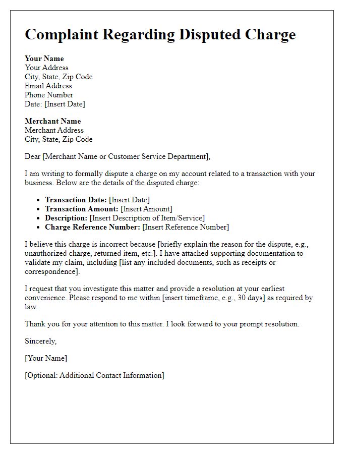 Letter template of disputed charge formal complaint for merchant transactions.