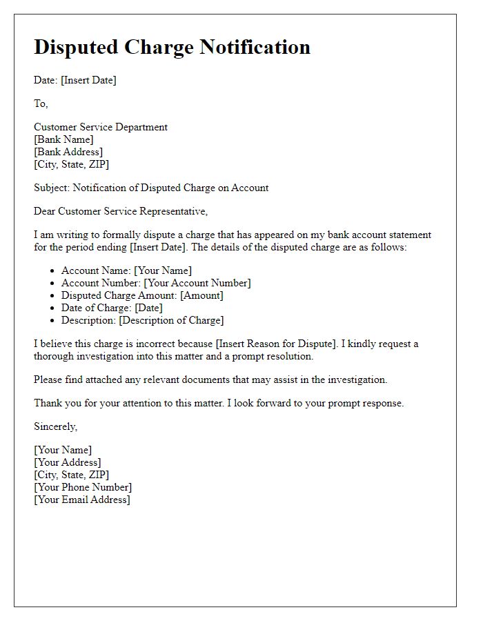 Letter template of disputed charge notification for banking accounts.