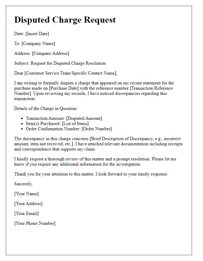 Letter template of disputed charge request for purchase discrepancies.