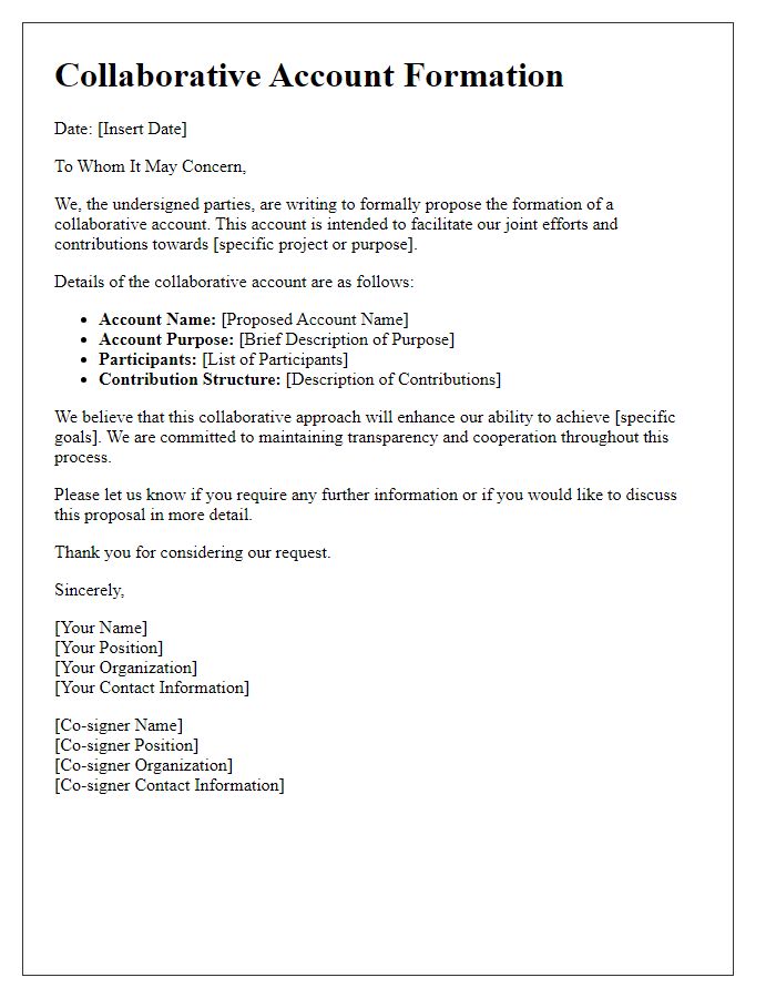 Letter template of collaborative account formation