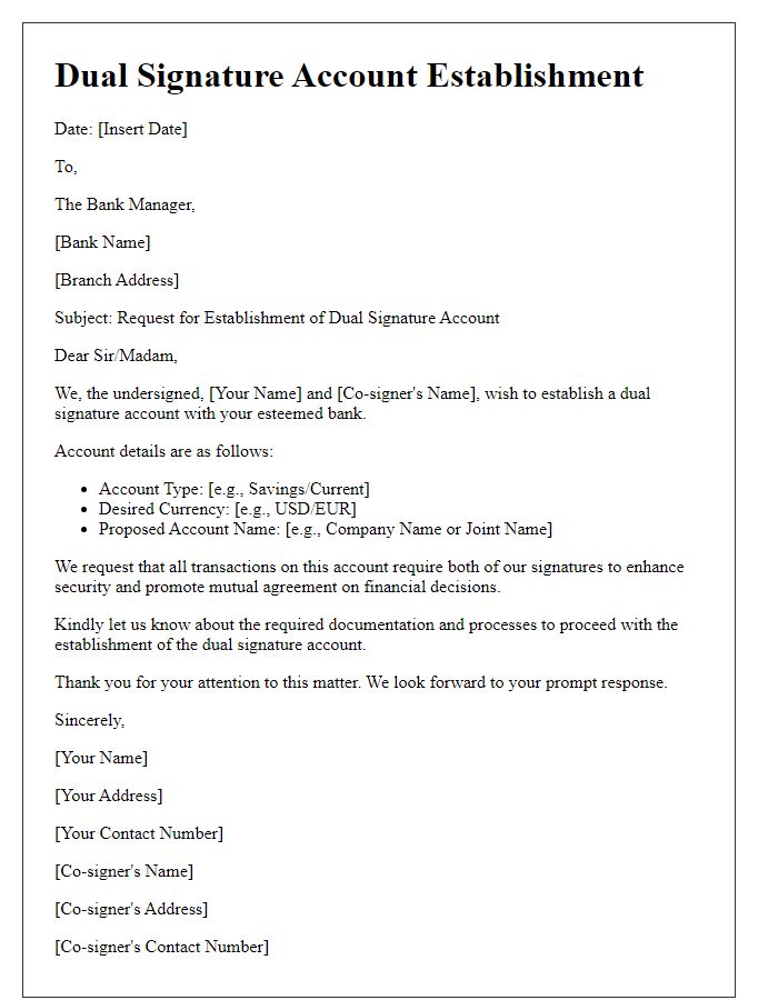 Letter template of dual signature account establishment