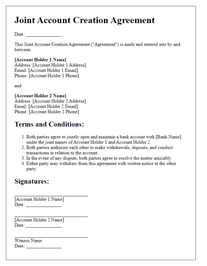 Letter template of joint account creation agreement