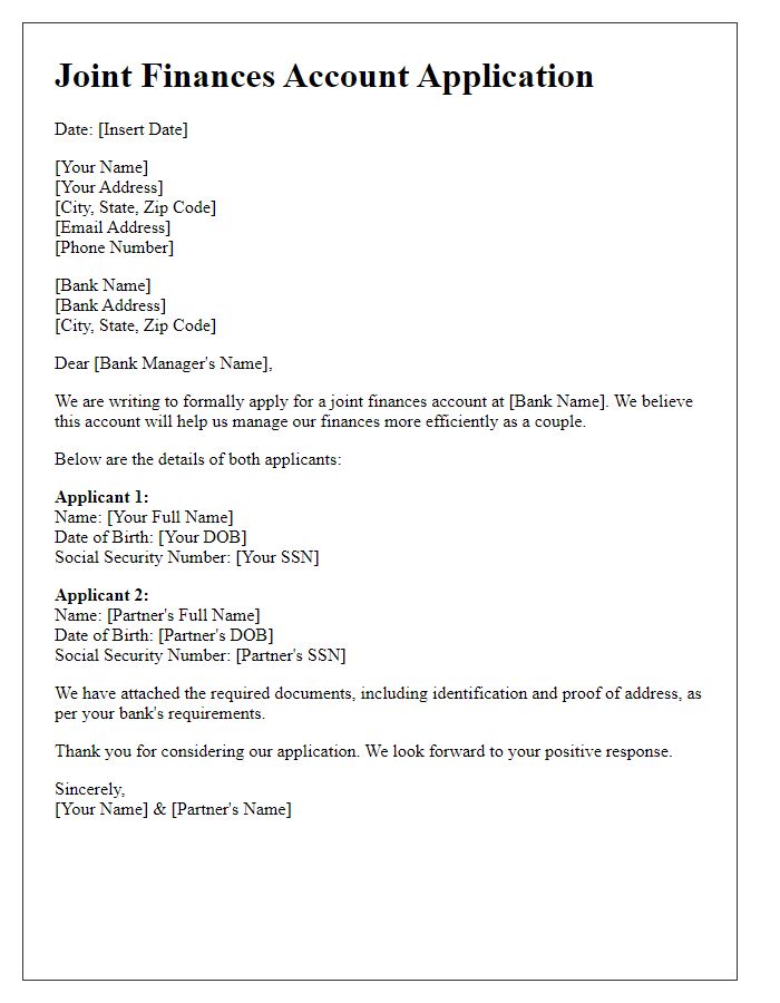 Letter template of joint finances account application