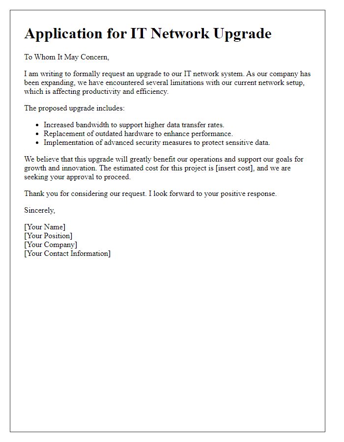 Letter template of IT network upgrade application