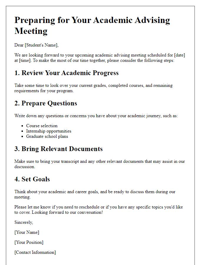 Letter template of Preparing for Academic Advising Meeting