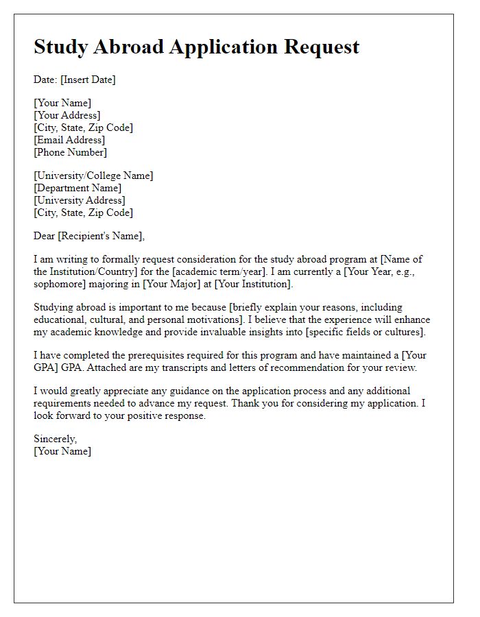 Letter template of study abroad application request