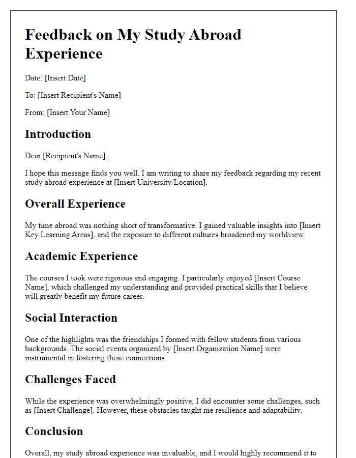 Letter template of study abroad experience feedback