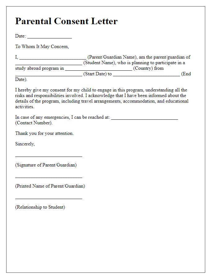 Letter template of study abroad parental consent