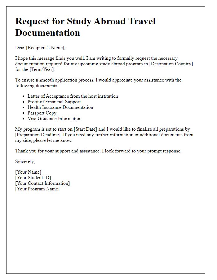 Letter template of study abroad travel documentation request