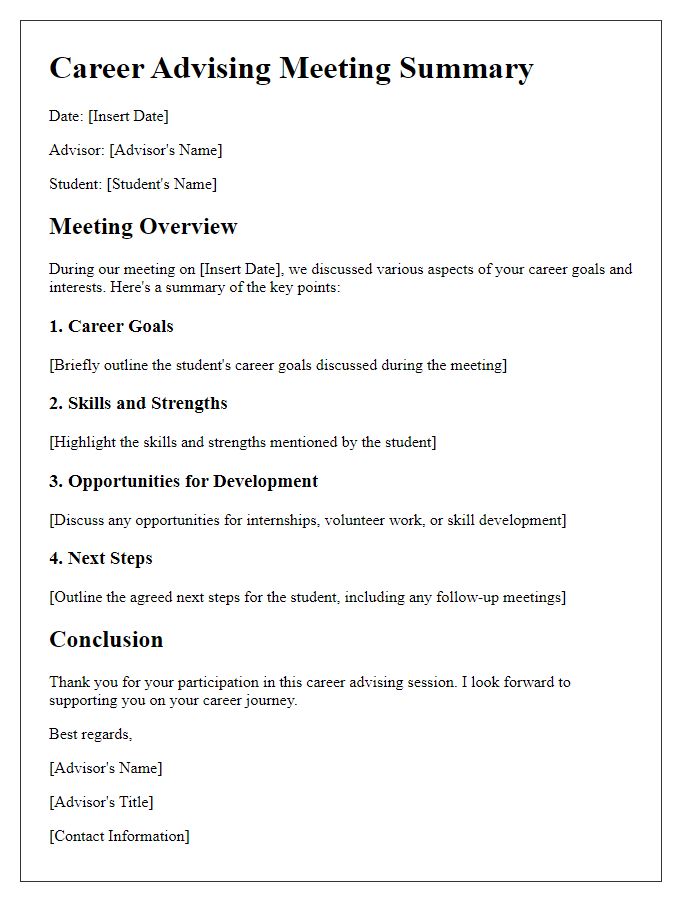 Letter template of career advising meeting summary