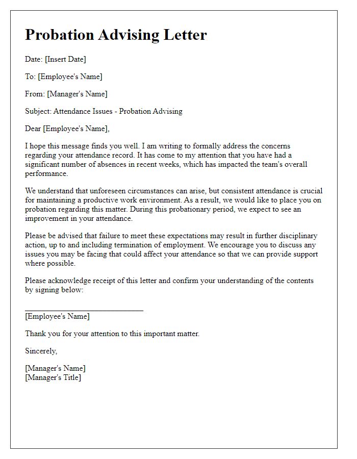 Letter template of probation advising for attendance issues