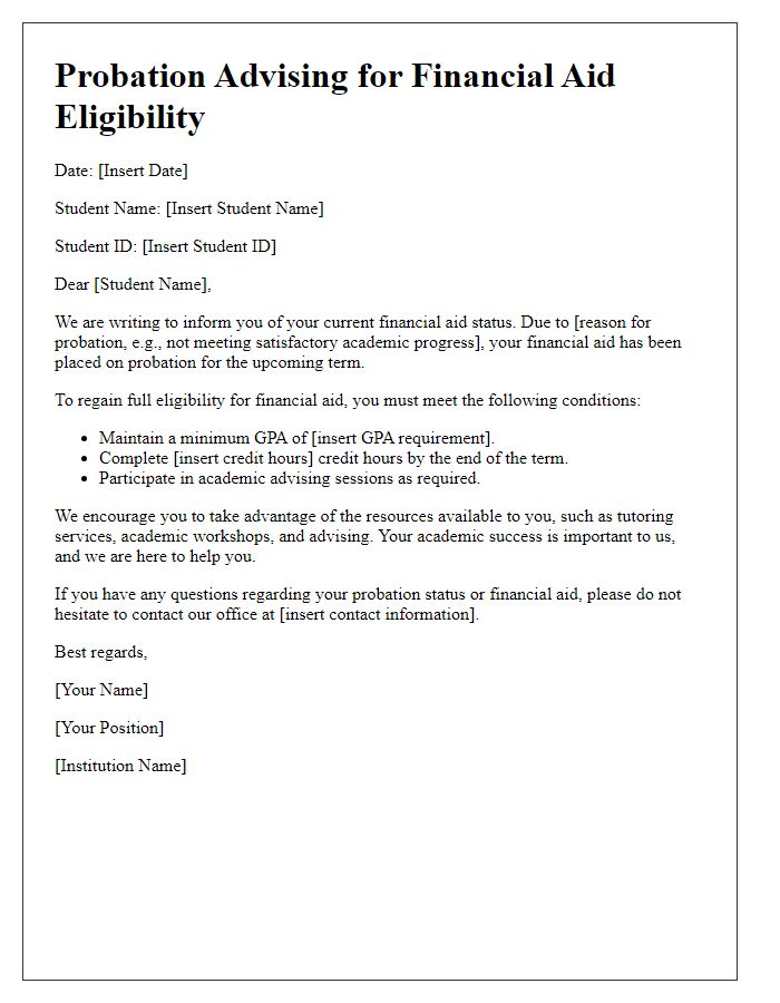 Letter template of probation advising for financial aid eligibility