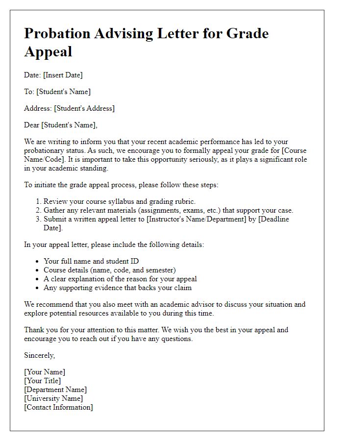 Letter template of probation advising for grade appeal