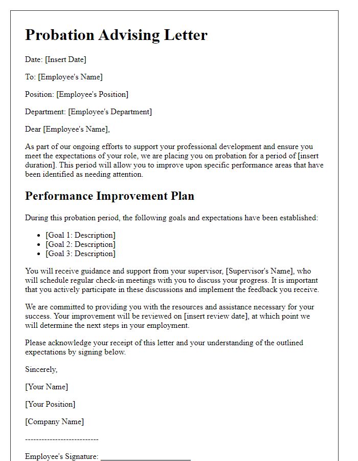 Letter template of probation advising for performance improvement plan