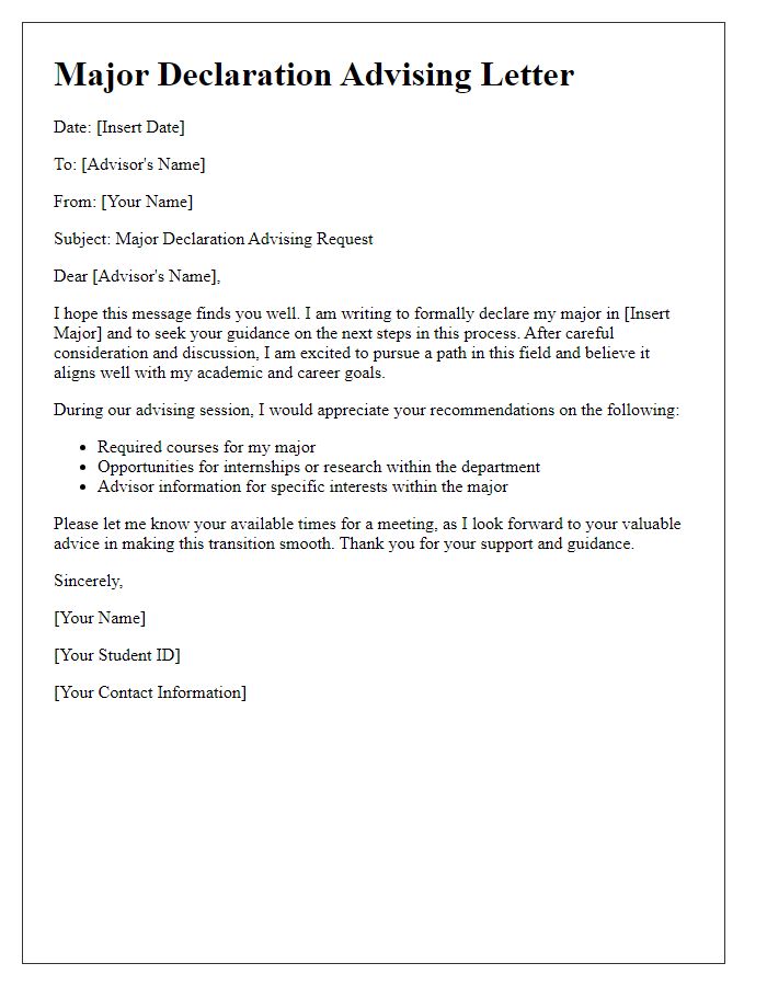 Letter template of major declaration advising for academic advisors.