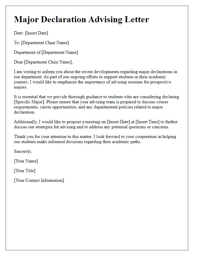 Letter template of major declaration advising for department chairs.