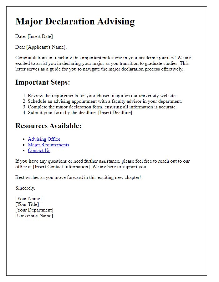 Letter template of major declaration advising for graduate applicants.