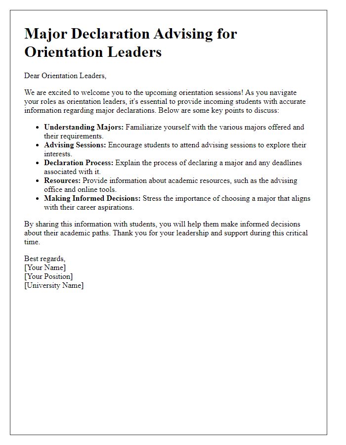 Letter template of major declaration advising for orientation leaders.