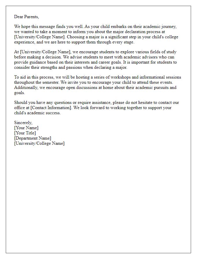 Letter template of major declaration advising for parents of students.