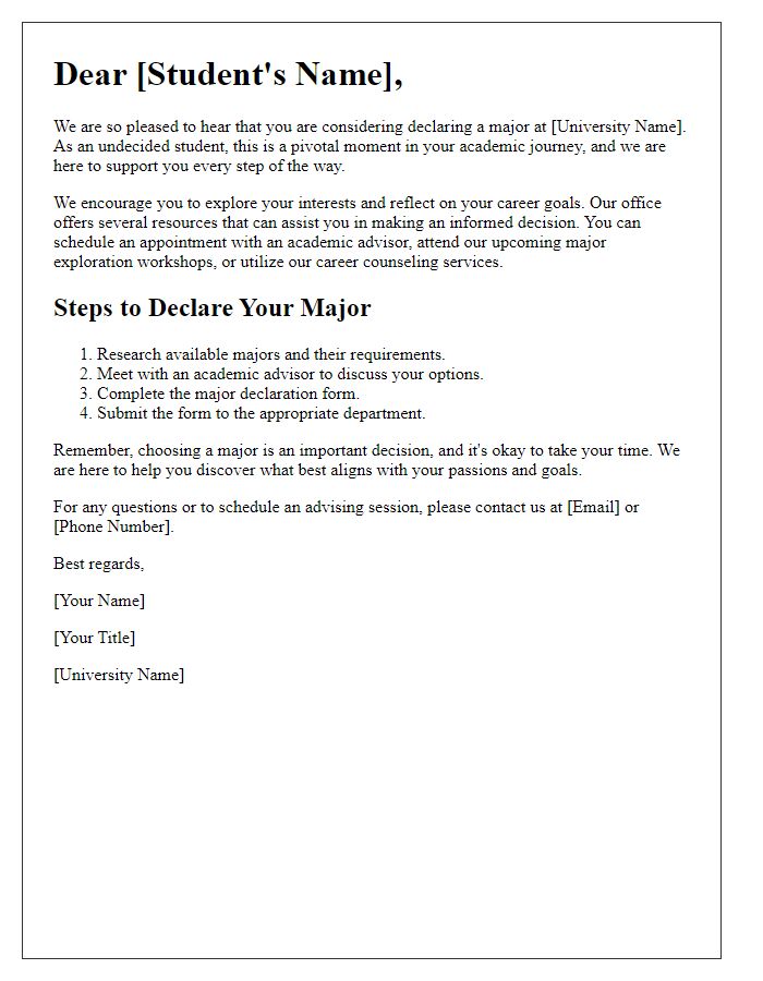 Letter template of major declaration advising for undecided students.