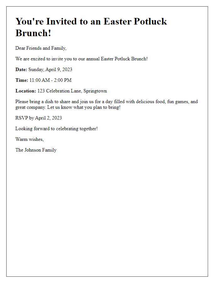 Letter template of Easter Potluck Brunch Invitation