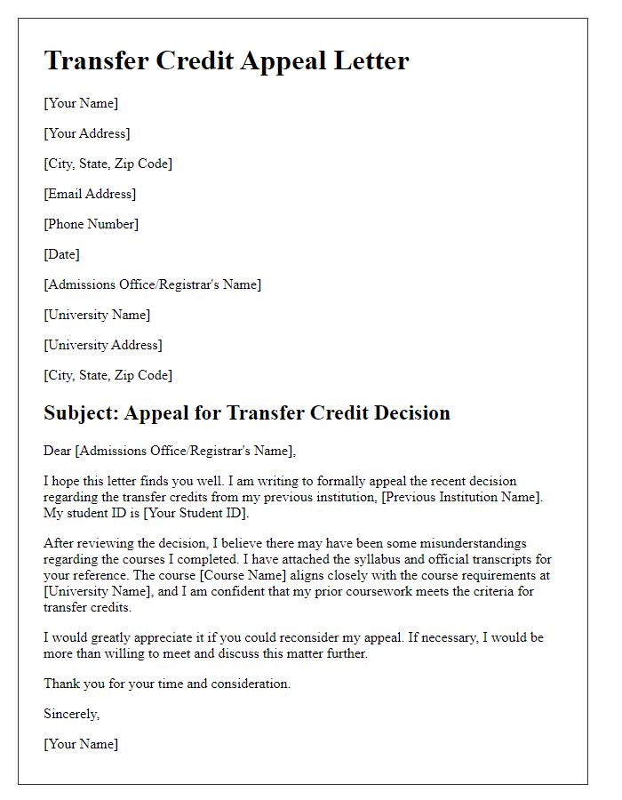 Letter template of appeal for transfer credit decision