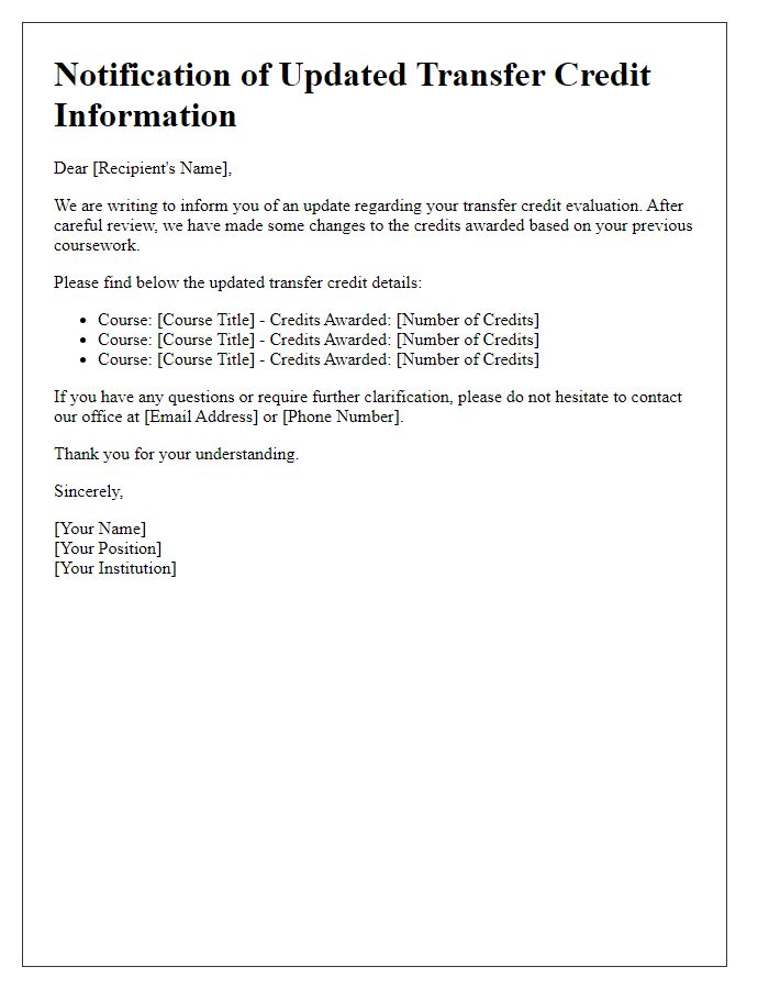 Letter template of notification for updated transfer credit information
