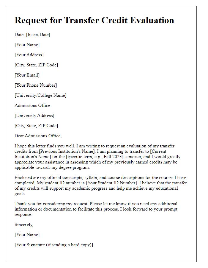 Letter template of request for transfer credit evaluation