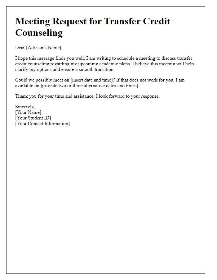 Letter template of scheduling meeting for transfer credit counseling