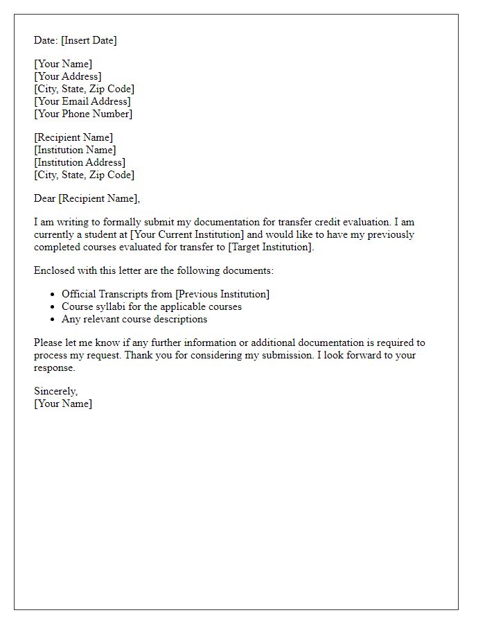 Letter template of submission for transfer credit documentation