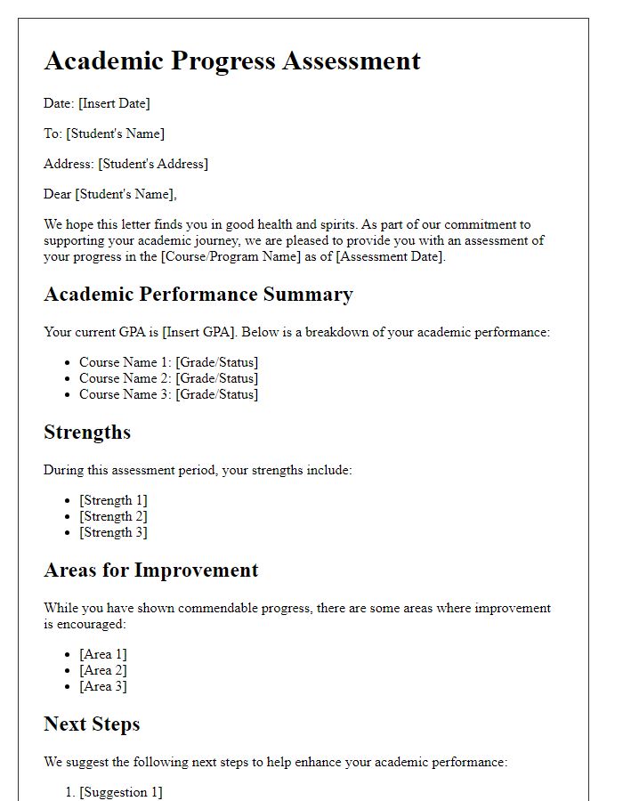 Letter template of academic progress assessment.