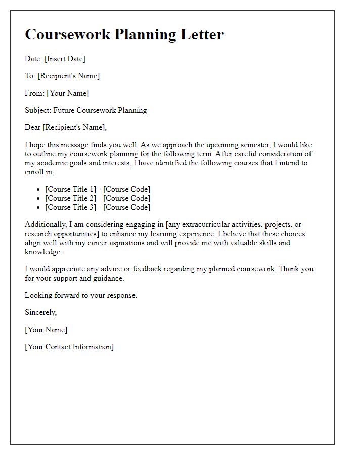 Letter template of future coursework planning.