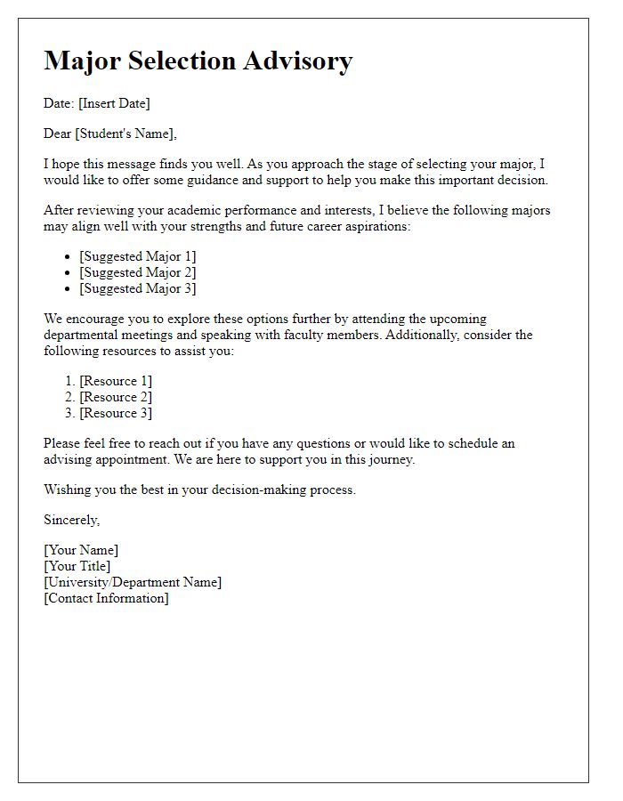 Letter template of major selection advisory.