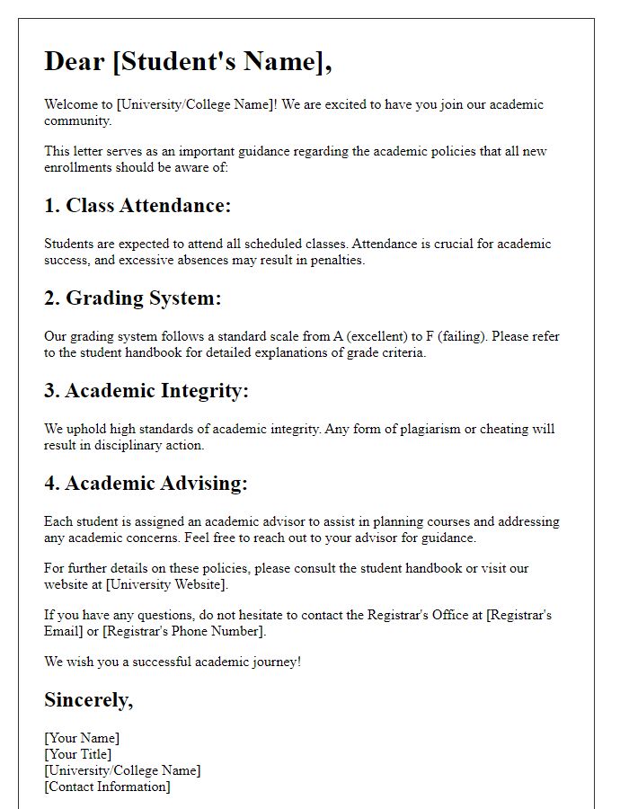 Letter template of academic policy guidance for new enrollments.