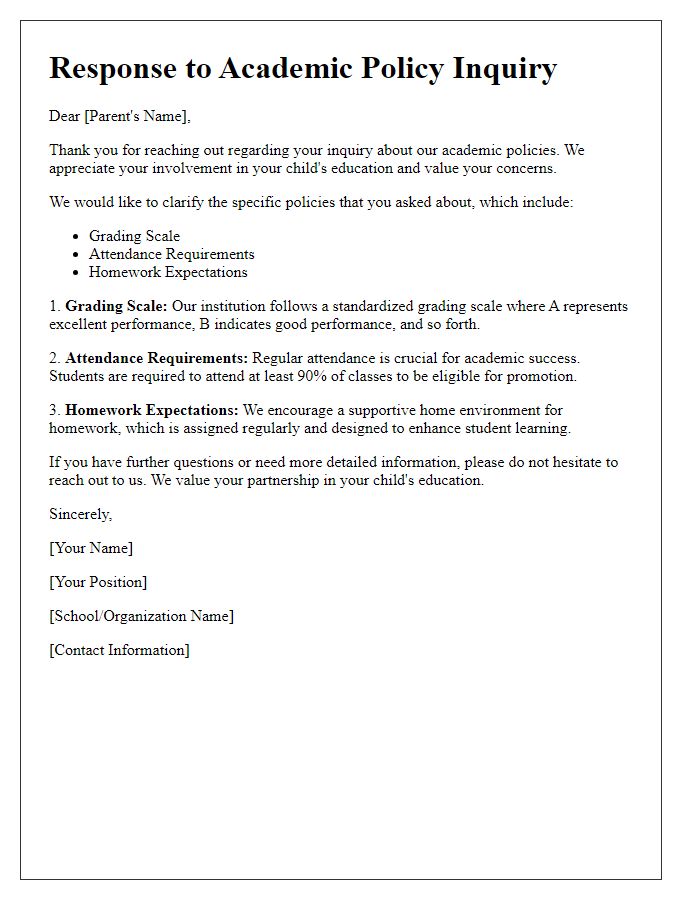 Letter template of academic policy inquiry response for parents.