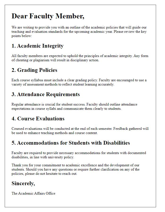 Letter template of academic policy outline for faculty members.