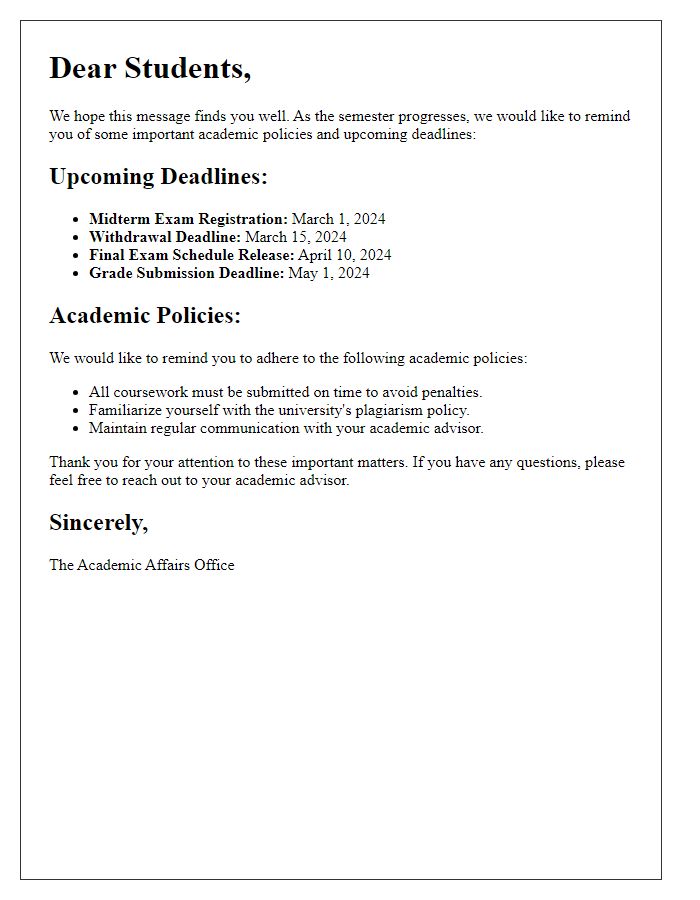 Letter template of academic policy reminders for upcoming deadlines.