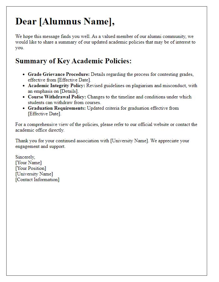 Letter template of academic policy summary for alumni notifications.