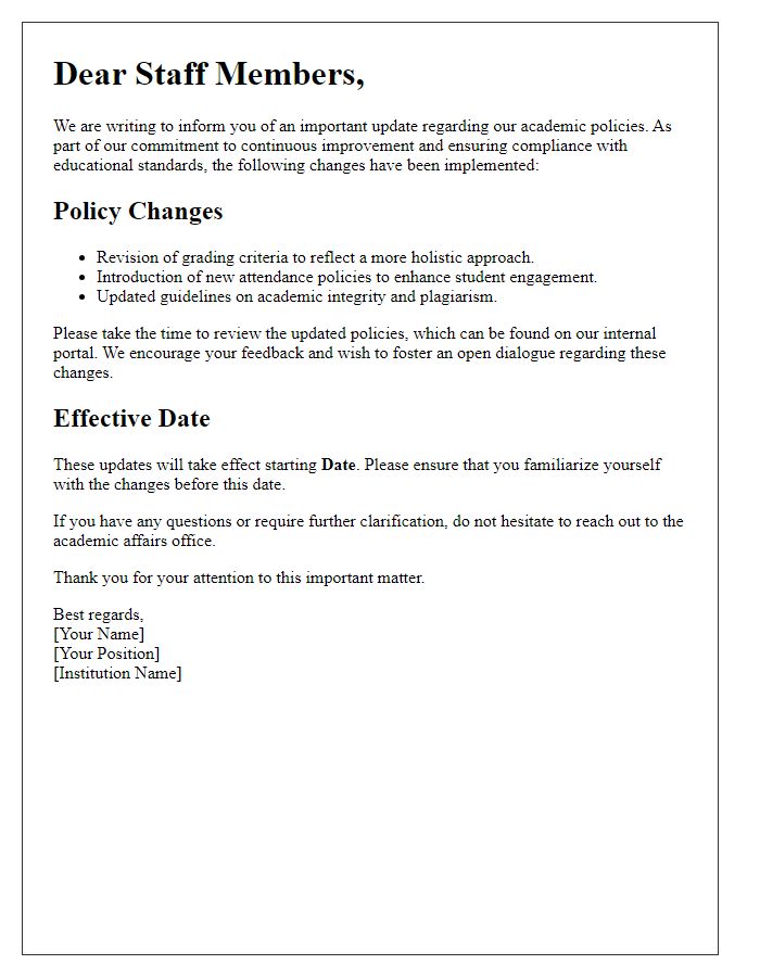 Letter template of academic policy update for staff communication.