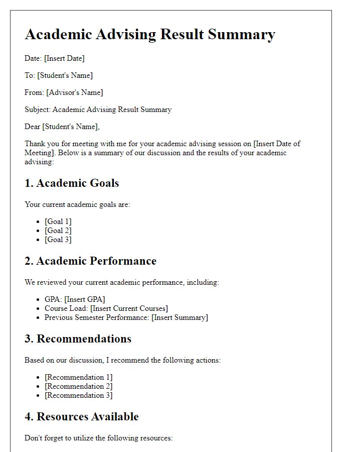 Letter template of academic advising result summary