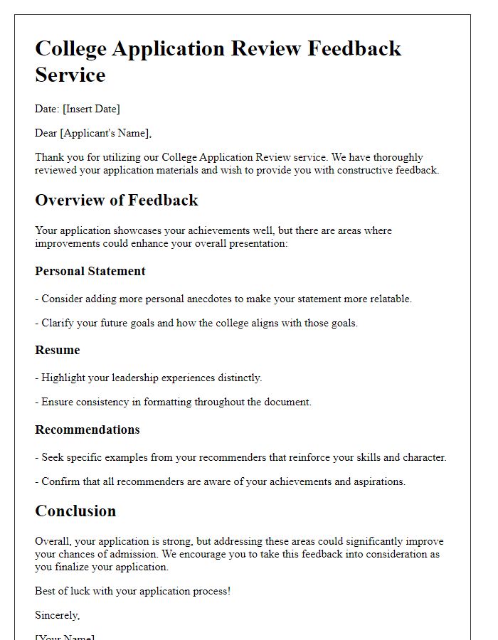 Letter template of college application review and feedback service