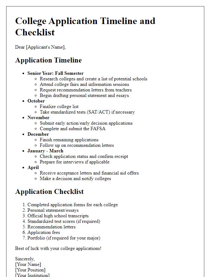 Letter template of college application timeline and checklist creation