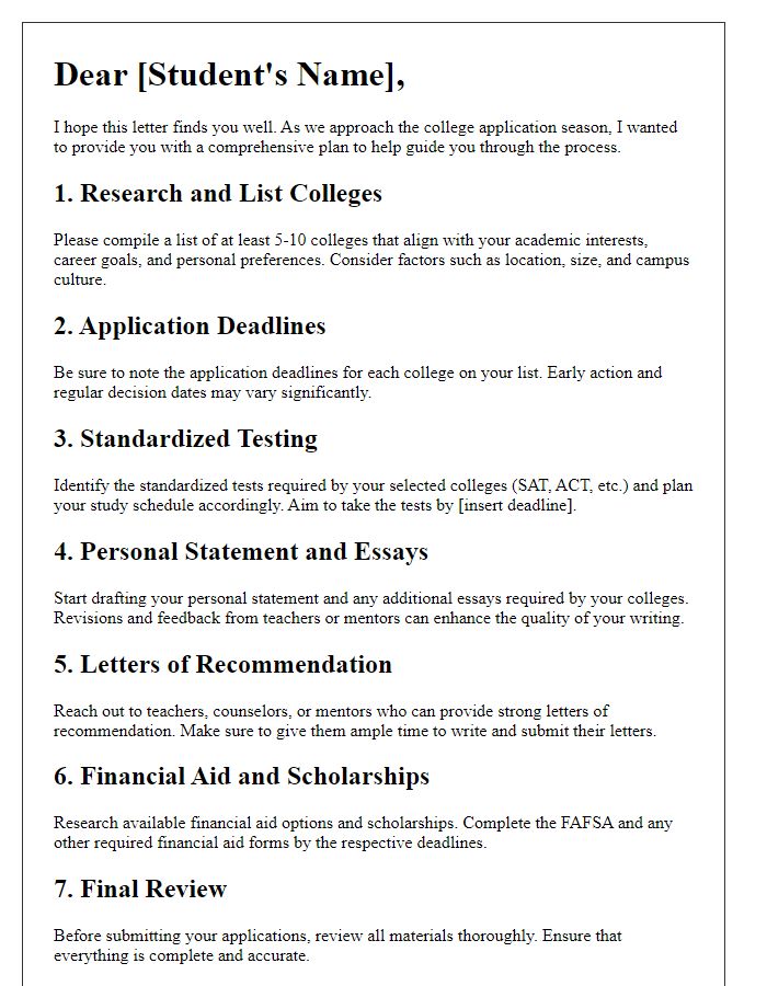 Letter template of comprehensive college application planning